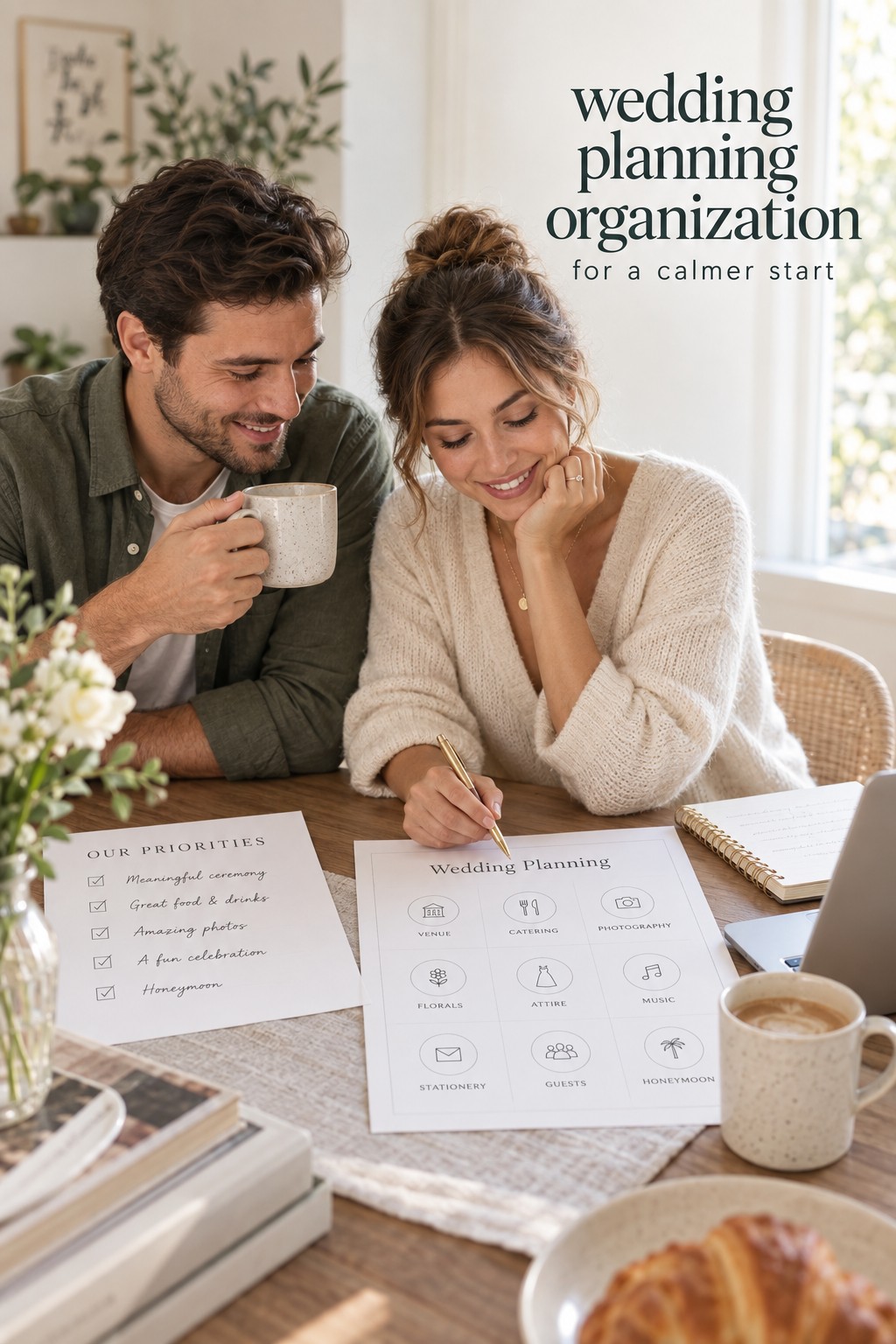 wedding planning organization for a calmer start with a couple at a shared table