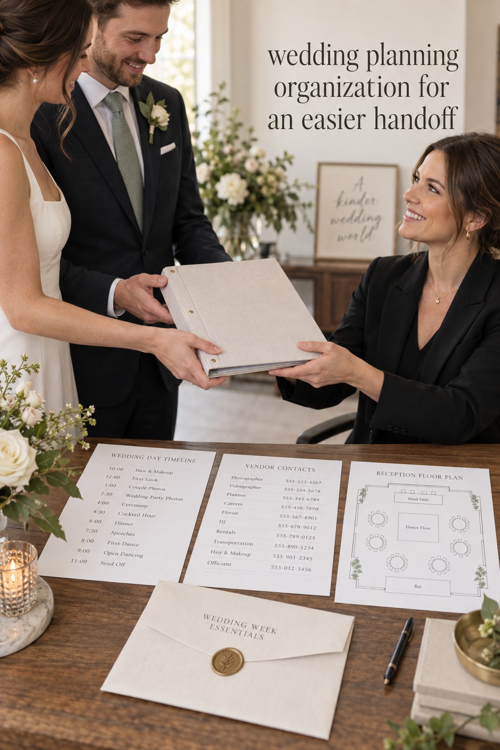 wedding planning organization for shared next steps with venue plans and a planner