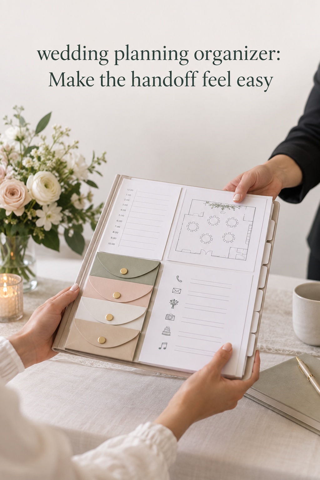 wedding planning organizer with couple reviewing a calm shared system