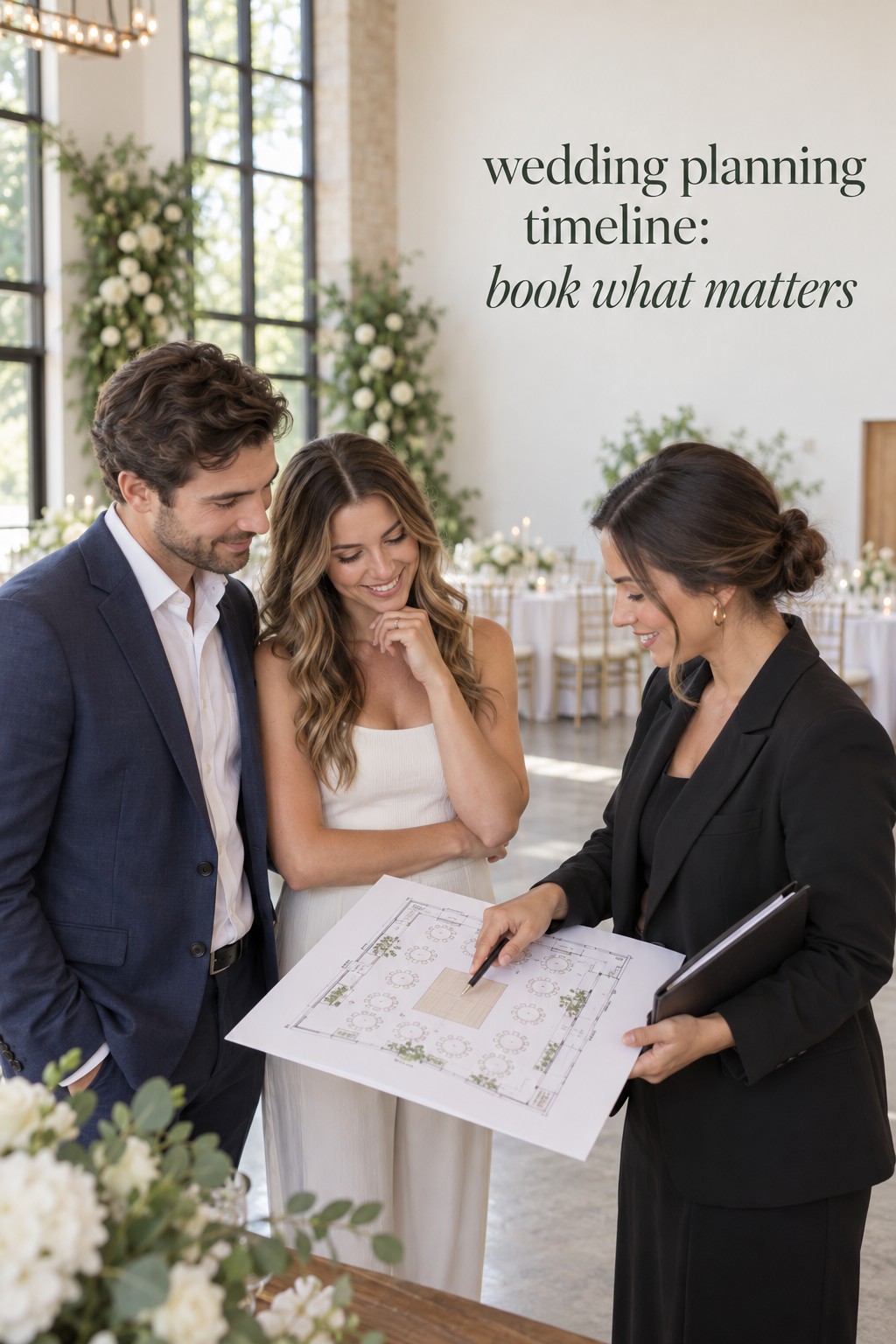 wedding planning timeline with a couple and coordinator comparing a venue floor plan