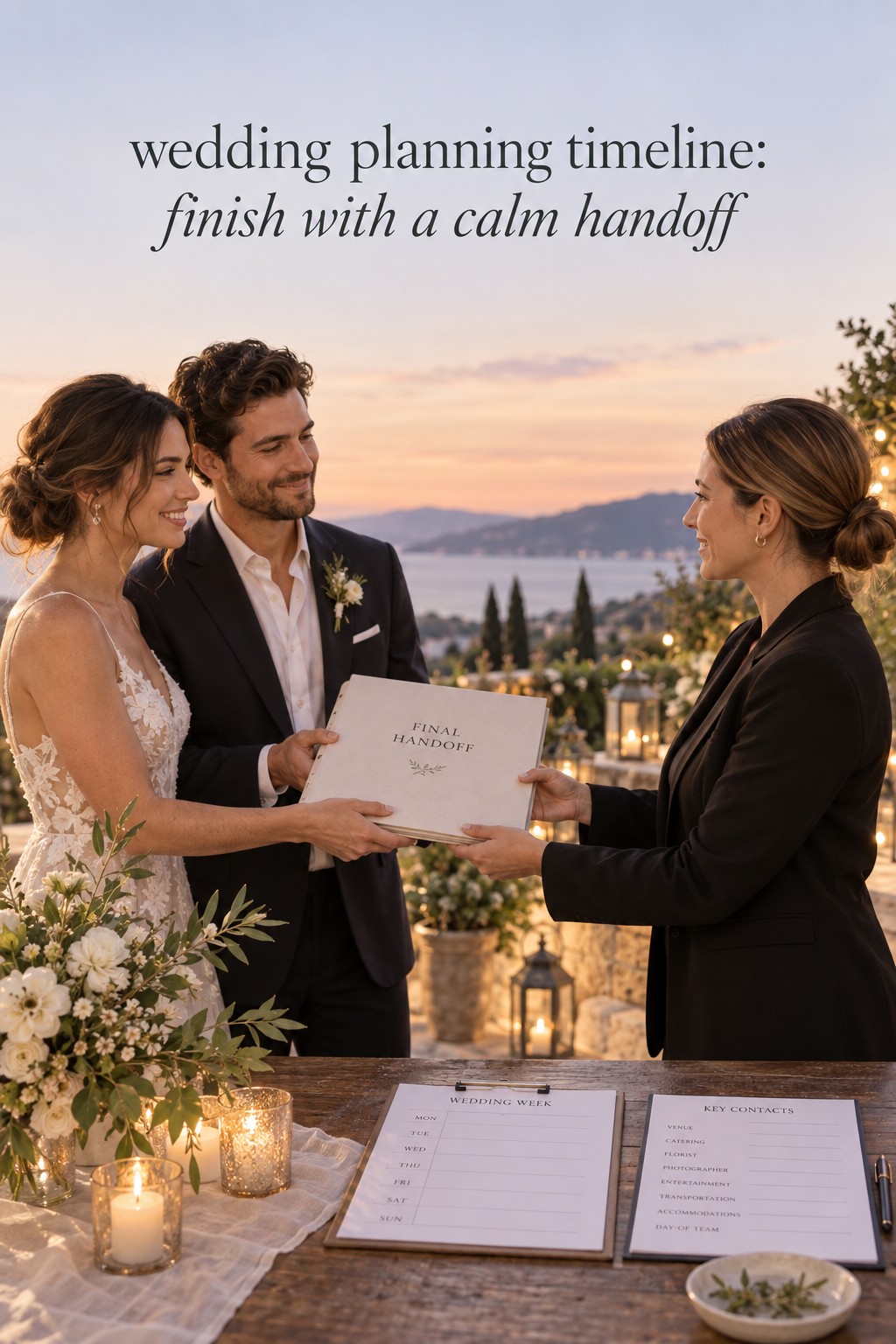 wedding planning timeline with a coordinator receiving a final schedule handoff folder