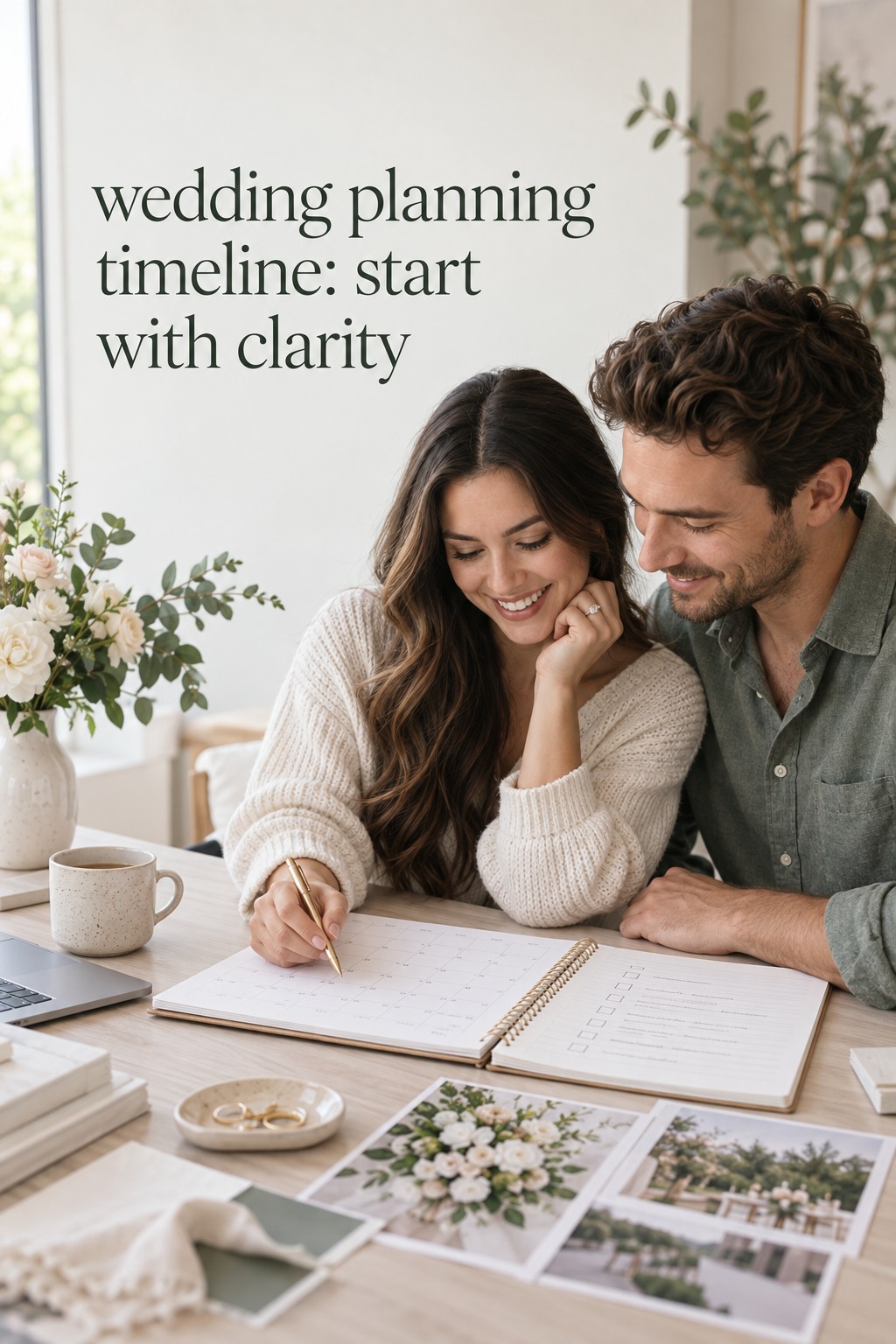 wedding planning timeline with a couple reviewing priorities and a shared calendar