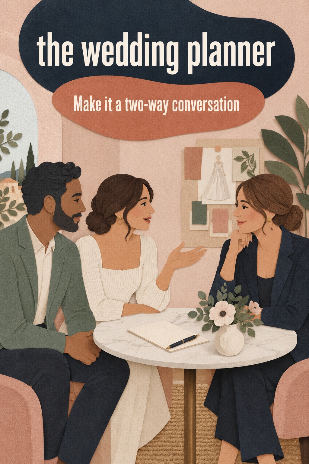 Make It a Two-Way Conversation the wedding planner and couple having a two-way consultation