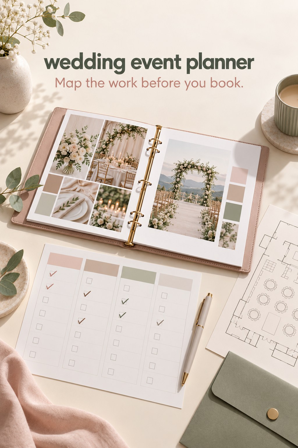 Map the Work Before You Book wedding event planner folio with a responsibility map and venue plan