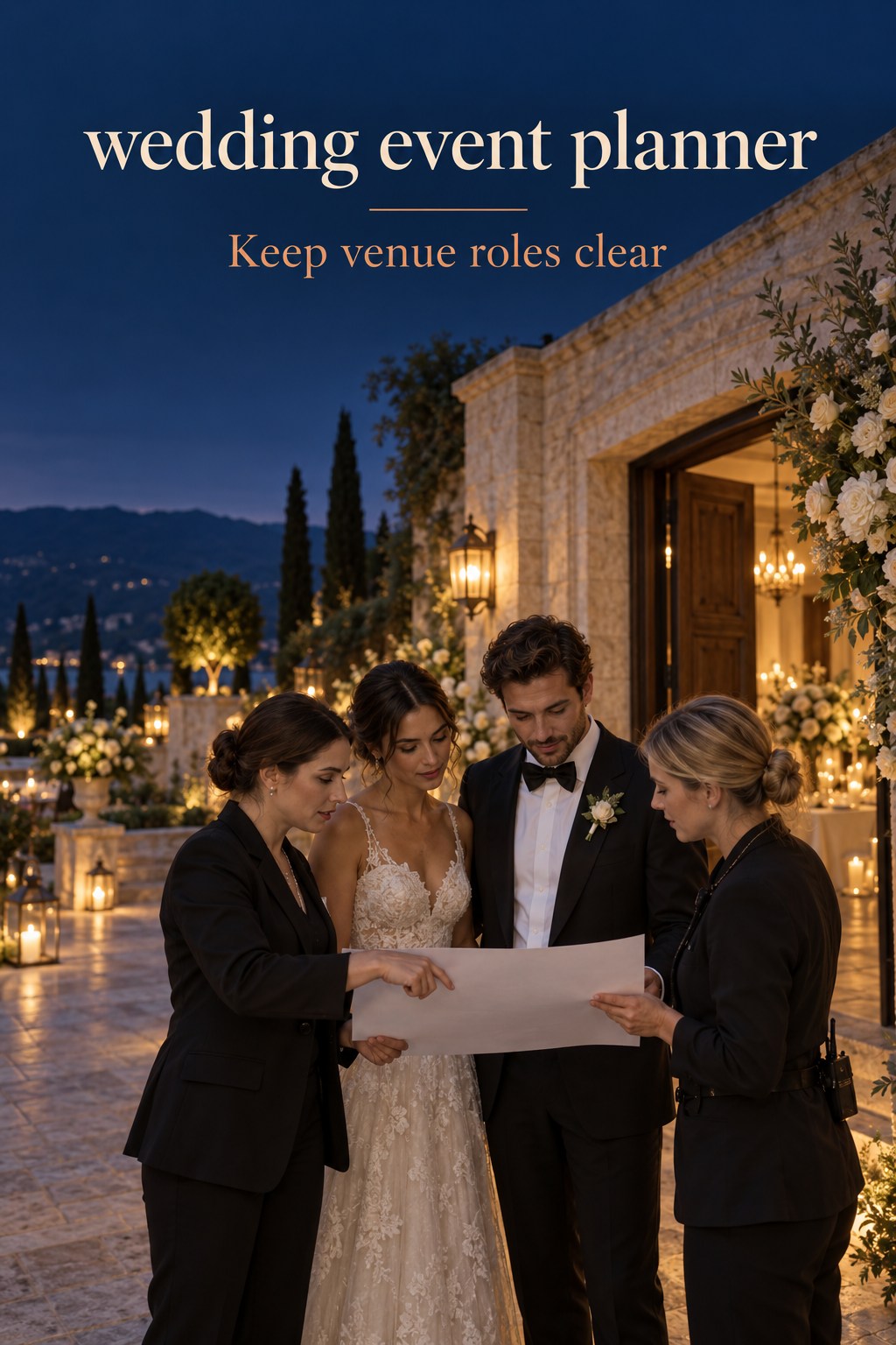 Keep Venue Roles Clear wedding event planner and venue coordinator reviewing a floor plan