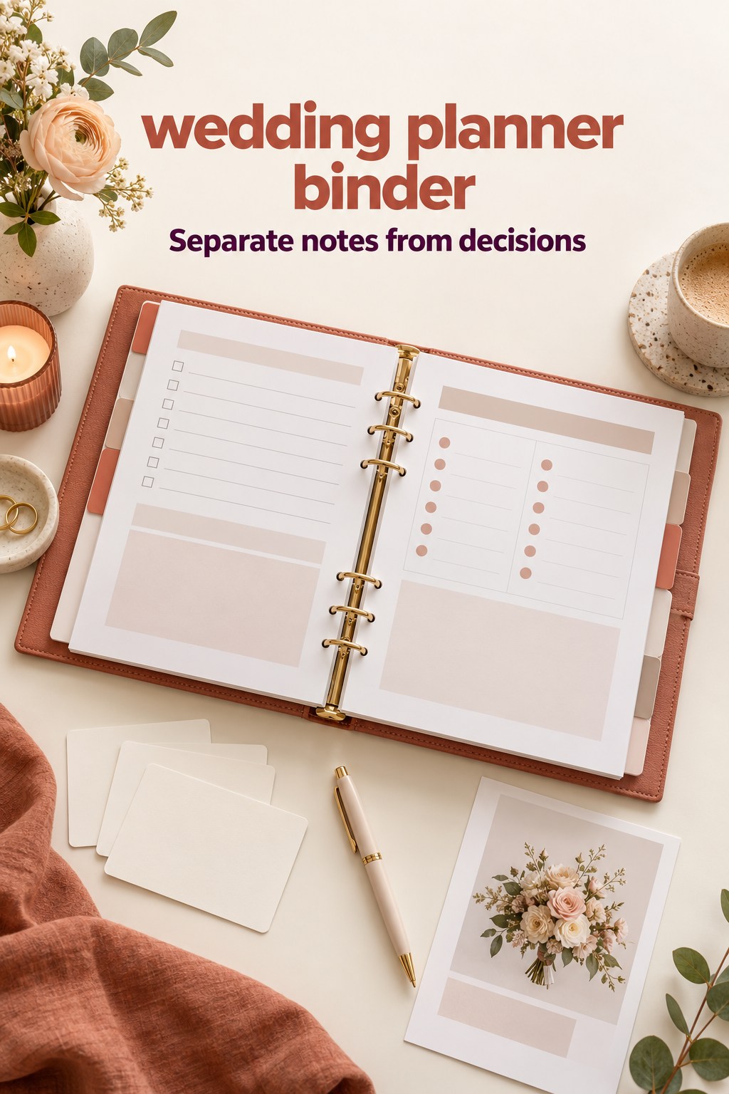 Separate Notes from Decisions wedding planner binder open to a meeting page separating notes and decisions