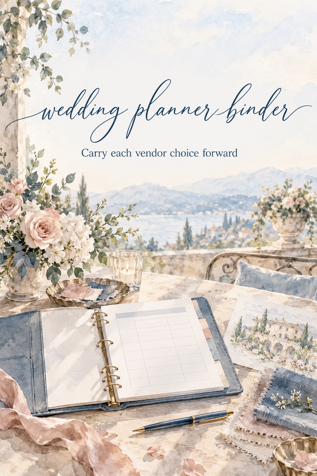 Carry Vendor Choices Forward wedding planner binder with a vendor decision sheet and wedding samples