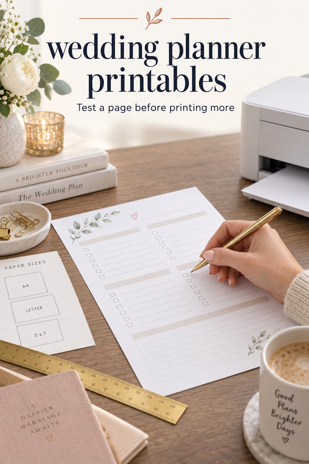 Test a Printable Before Printing More wedding planner printables tested beside a printer and paper guide