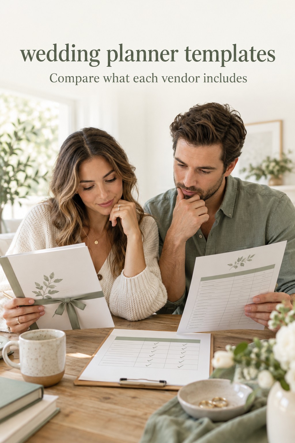 Wedding planner templates: Compare what each vendor includes wedding planner templates: couple examining vendor offers and a comparison worksheet