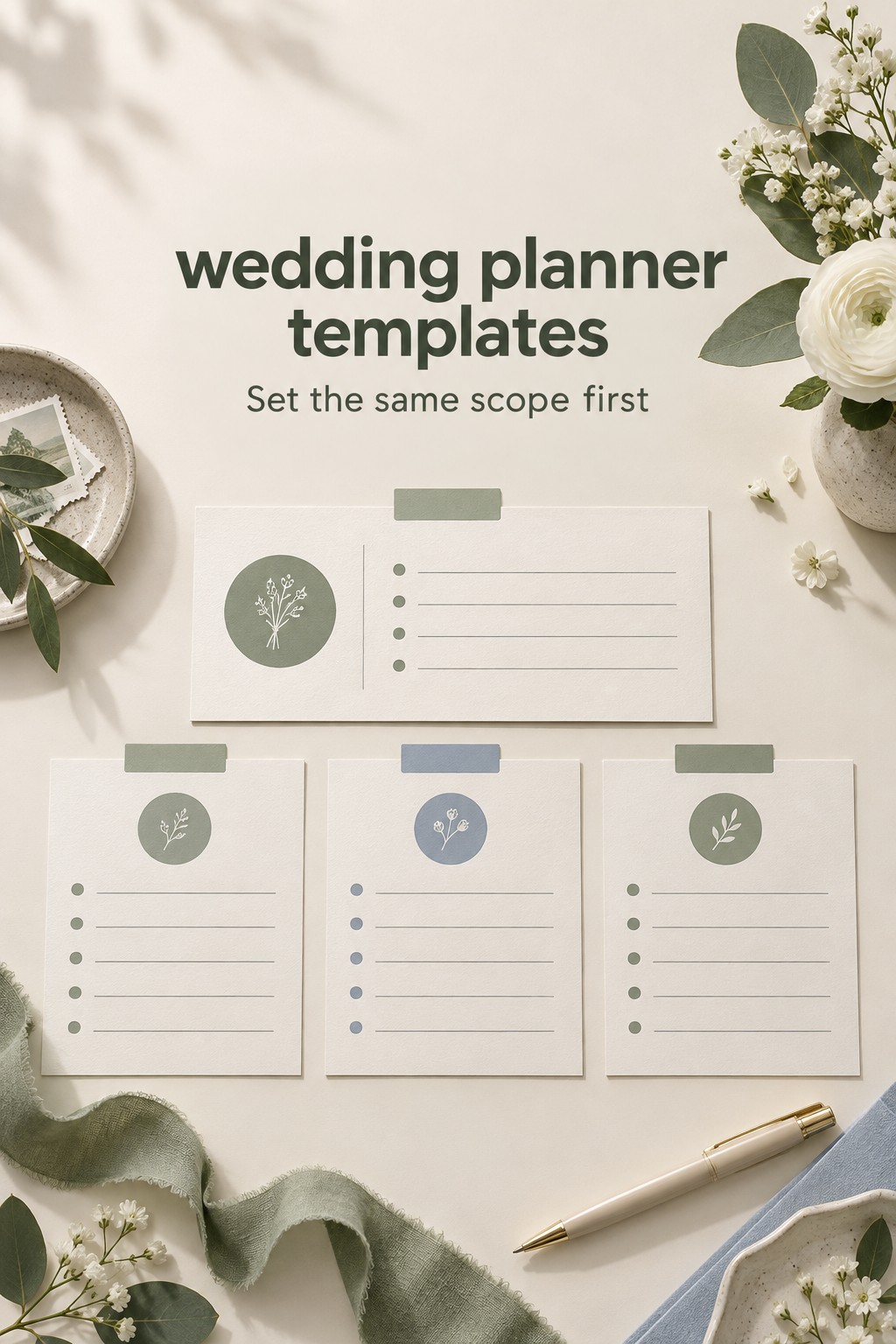 Wedding planner templates: Set the same scope first wedding planner templates: proposal cards arranged beside a worksheet