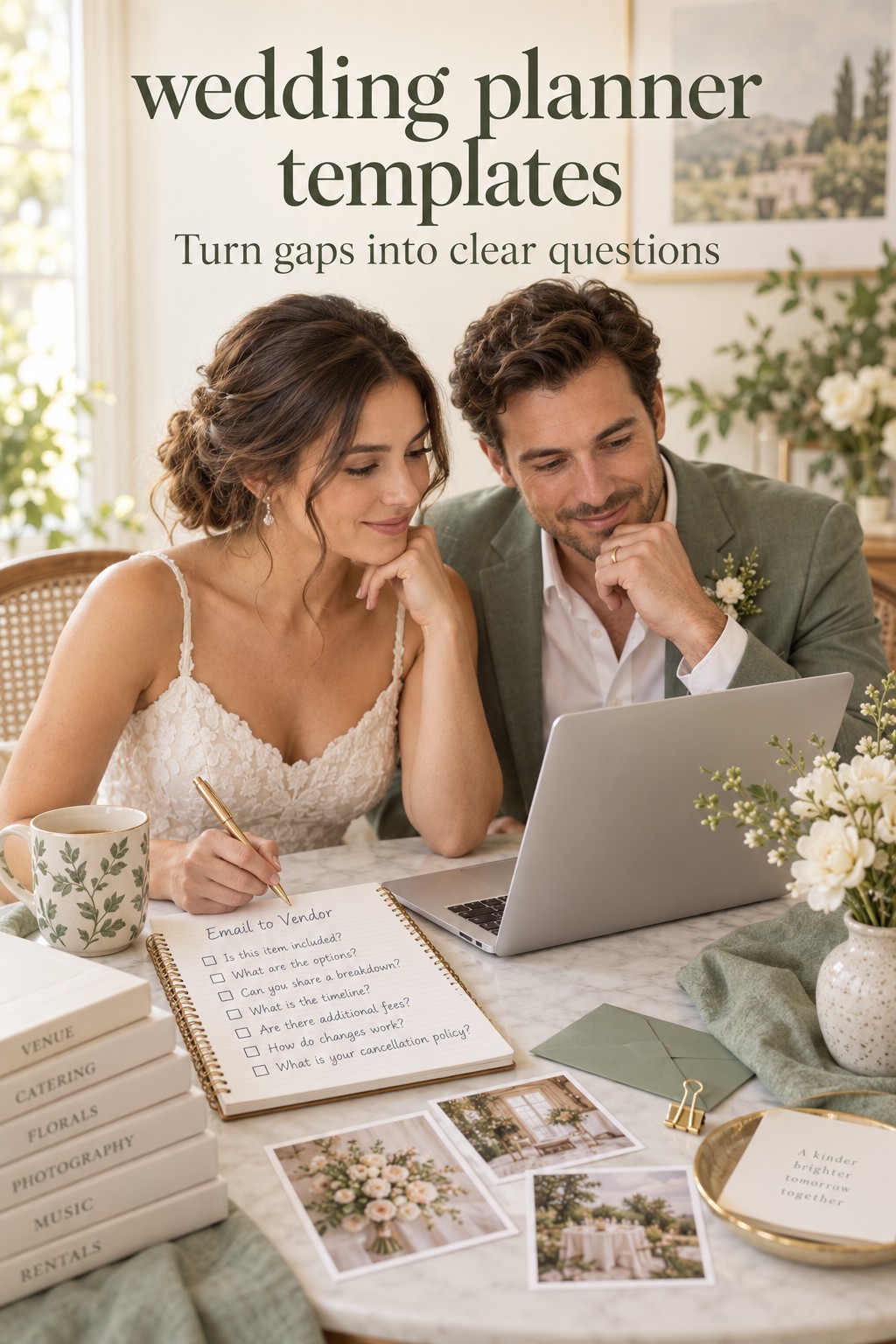 Wedding planner templates: Turn gaps into clear questions wedding planner templates: couple drafting follow-up questions for a vendor