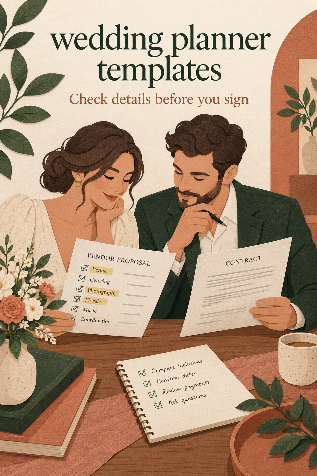 Wedding planner templates: Check details before you sign wedding planner templates: couple comparing written proposal with contract