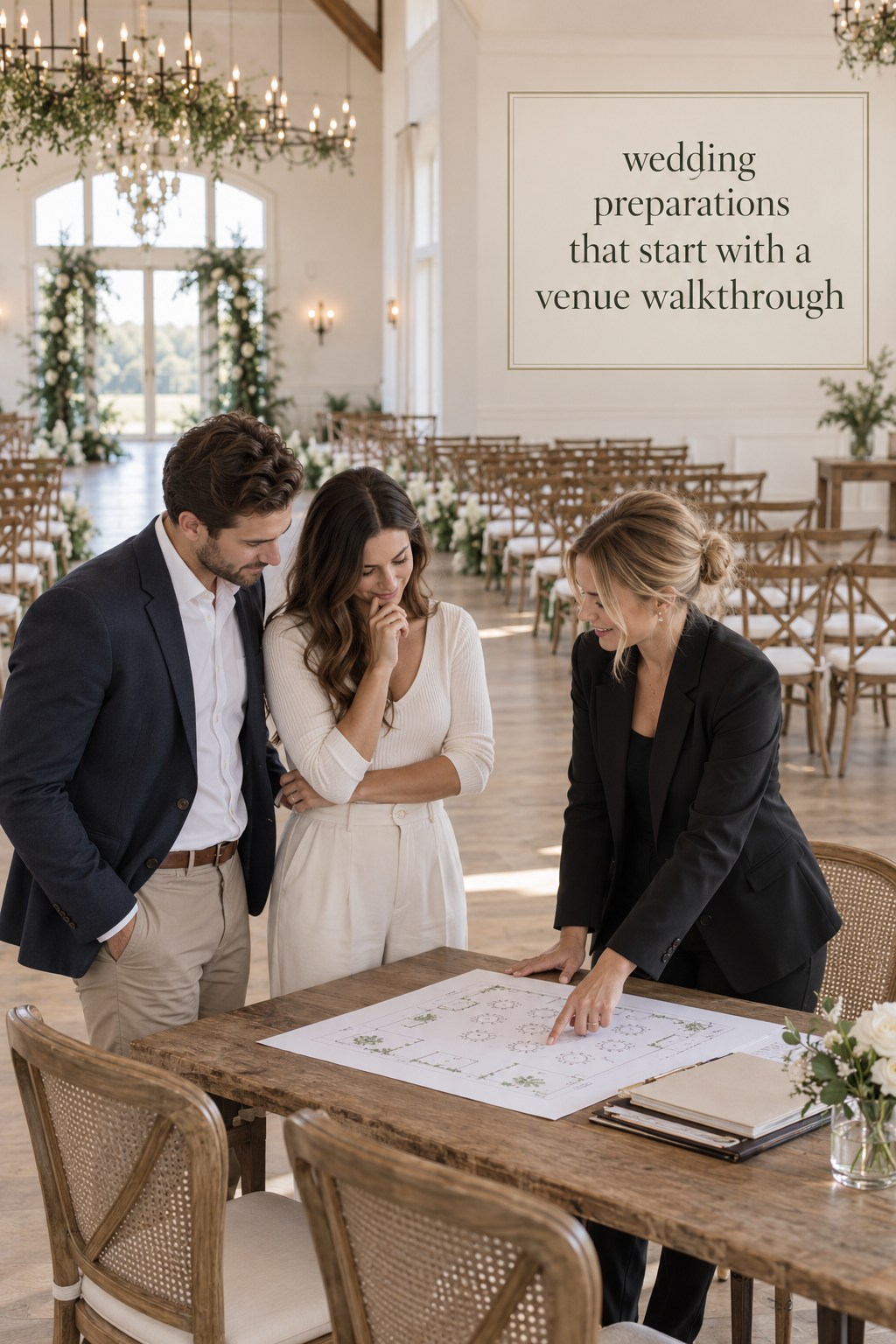 Wedding Preparations: Venue Walkthrough wedding preparations with a couple and planner reviewing a venue floor plan