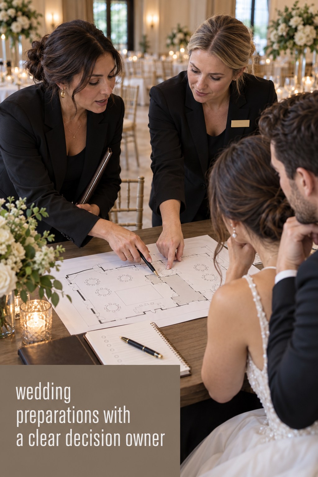 Wedding Preparations: Clear Decision Owner wedding preparations with a planner and venue representative reviewing a plan