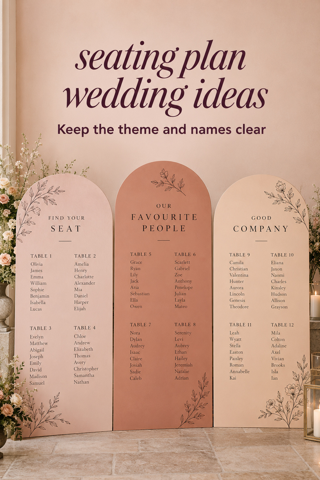 seating plan wedding ideas: colored seating panels with botanical illustrations