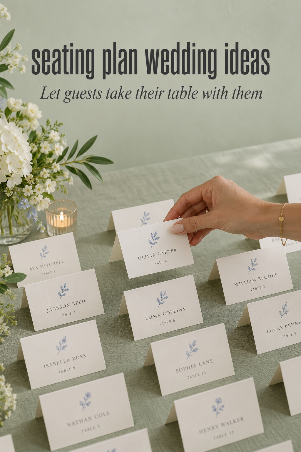 seating plan wedding ideas: ordered escort cards with a guest lifting one card