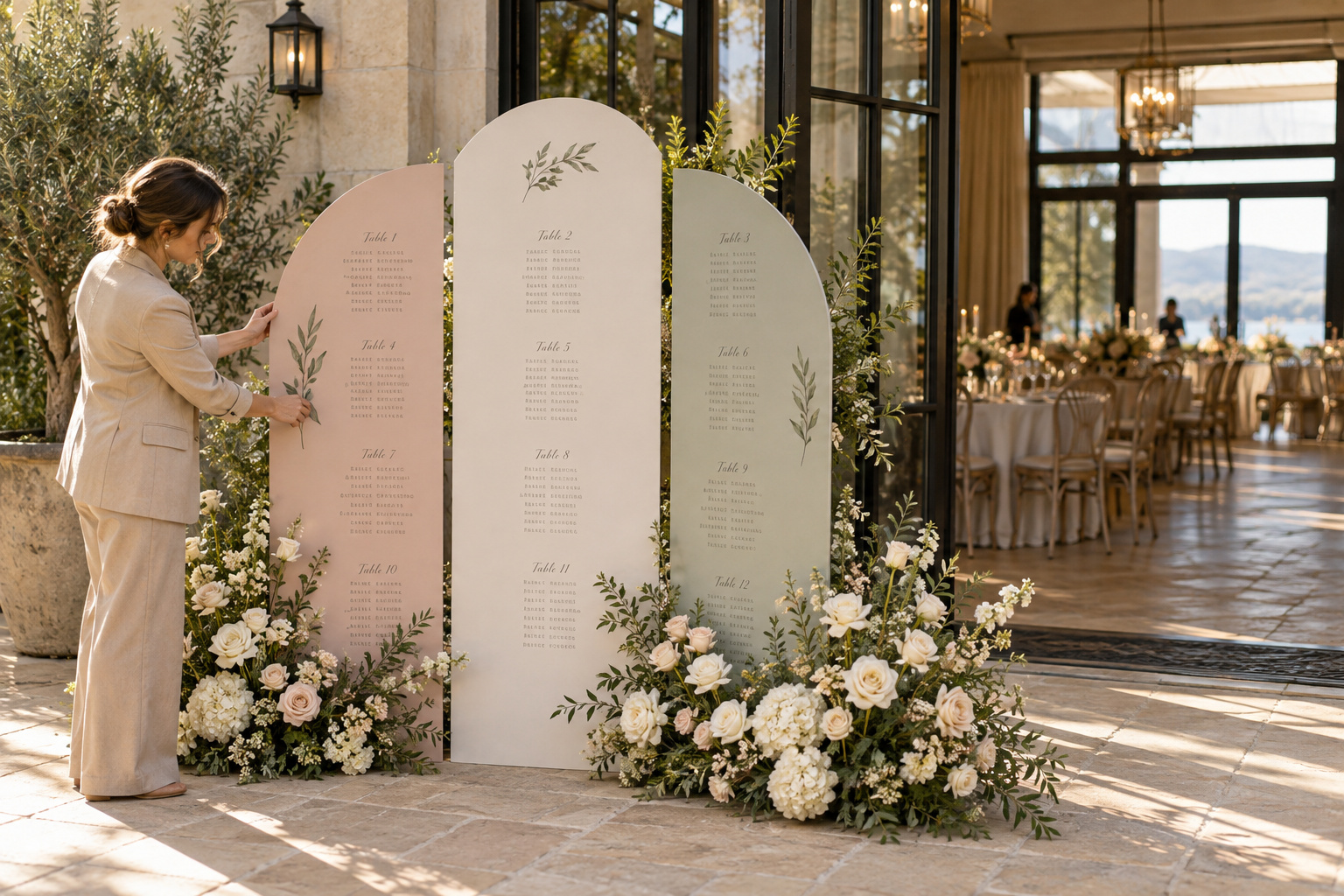Seating plan wedding ideas with colorful panels and a planner at a reception entrance