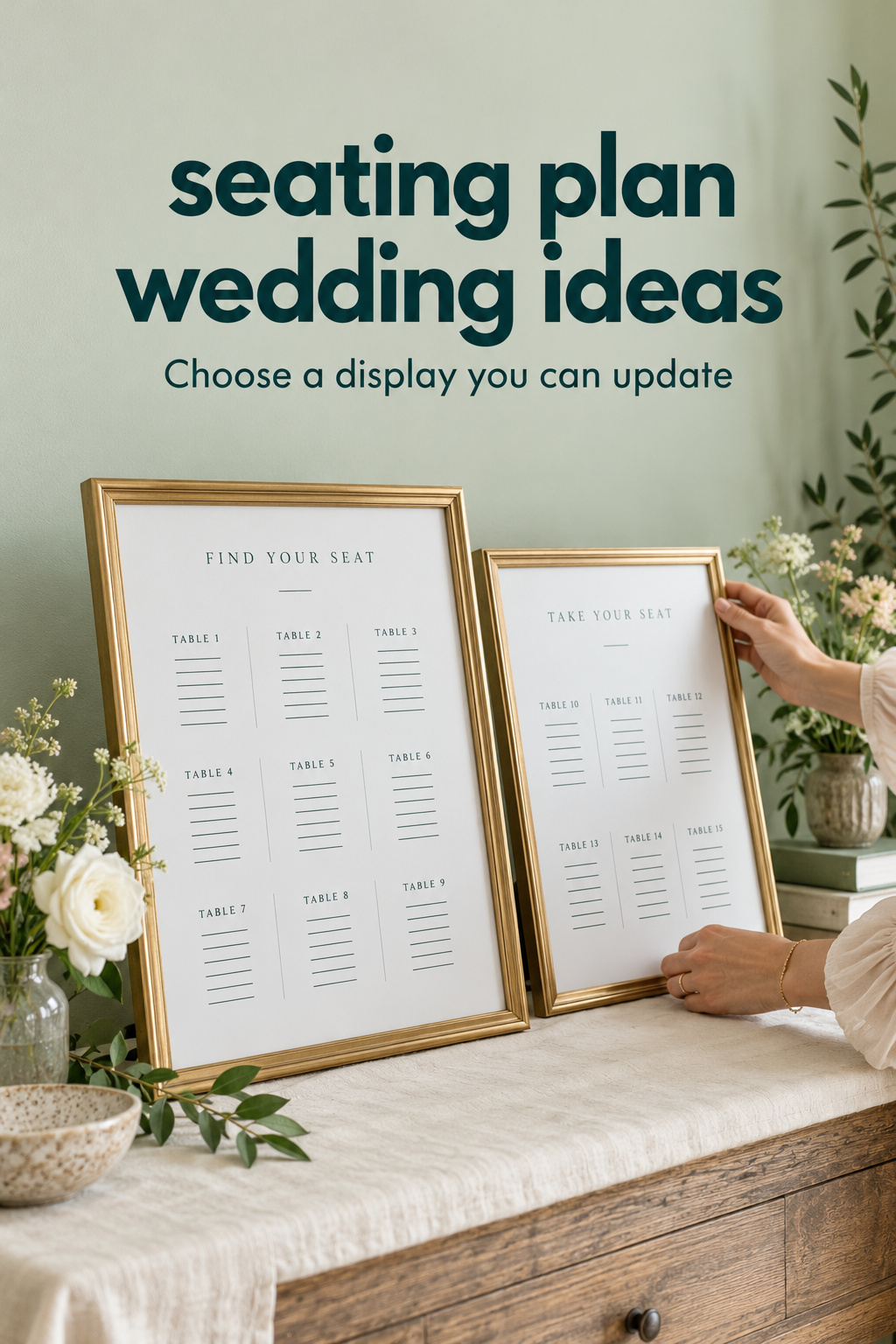 seating plan wedding ideas: framed seating lists with a planner adjusting an insert