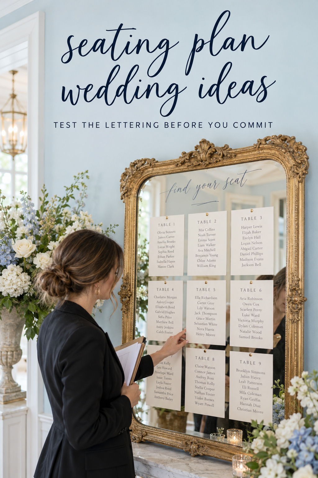 seating plan wedding ideas: mirror seating display reviewed by a planner