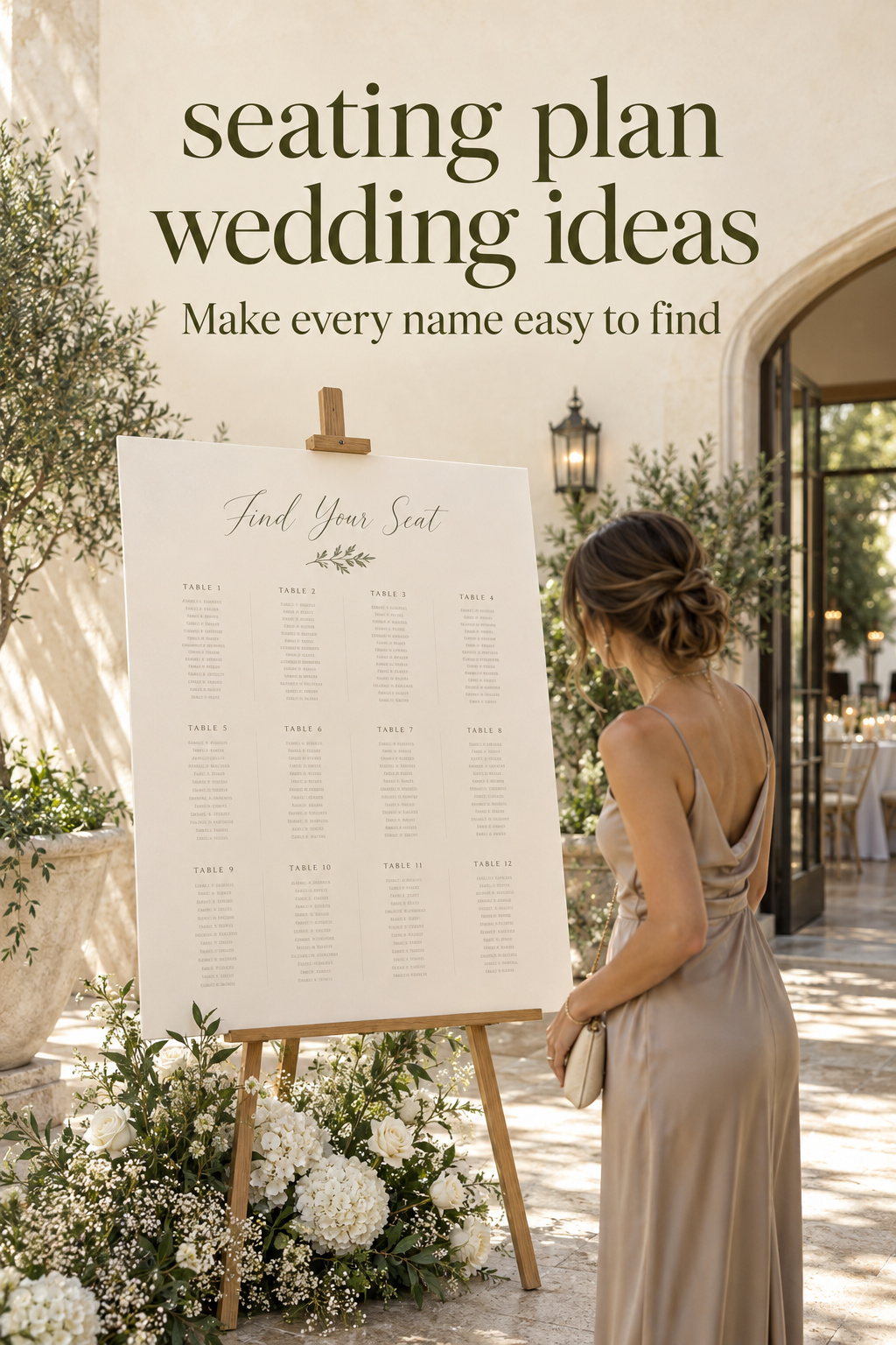 seating plan wedding ideas: ivory seating chart on an easel with a guest reading