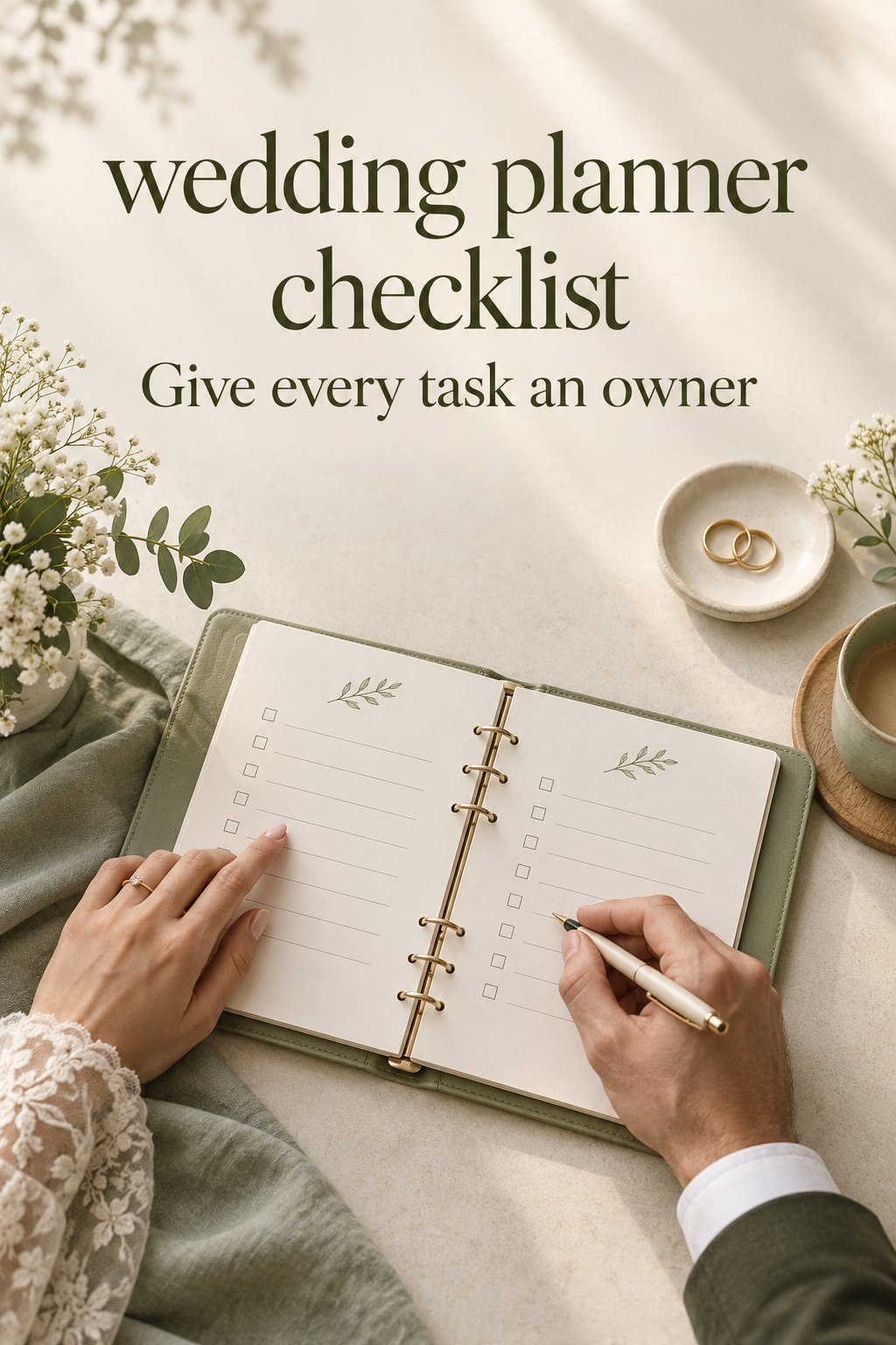 Wedding Planner Checklist: Task Owners wedding planner checklist binder reviewed by two partners with rings and a pen