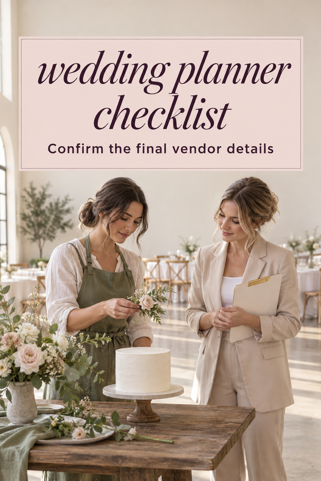 Wedding Planner Checklist: Vendor Details wedding planner checklist used by a florist and coordinator beside a cake display