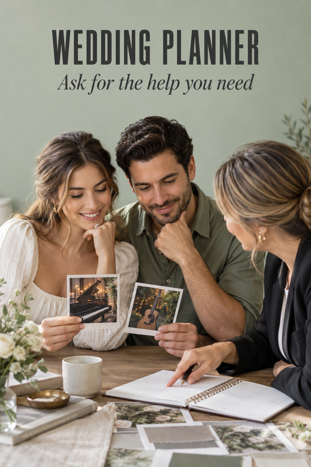 Couple discussing music choices with a wedding planner at a studio table