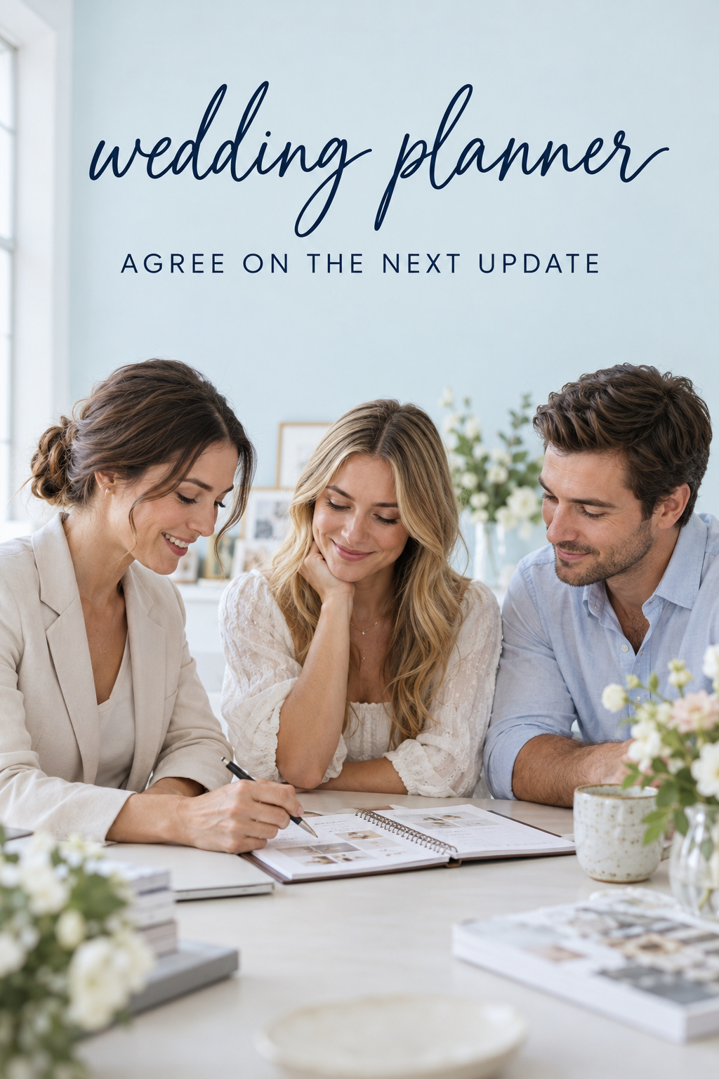 Couple and wedding planner agreeing on the next conversation over a notebook