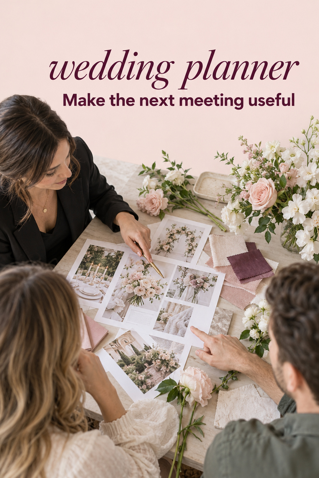 wedding planner wedding planner reviewing floral inspiration with engaged partners