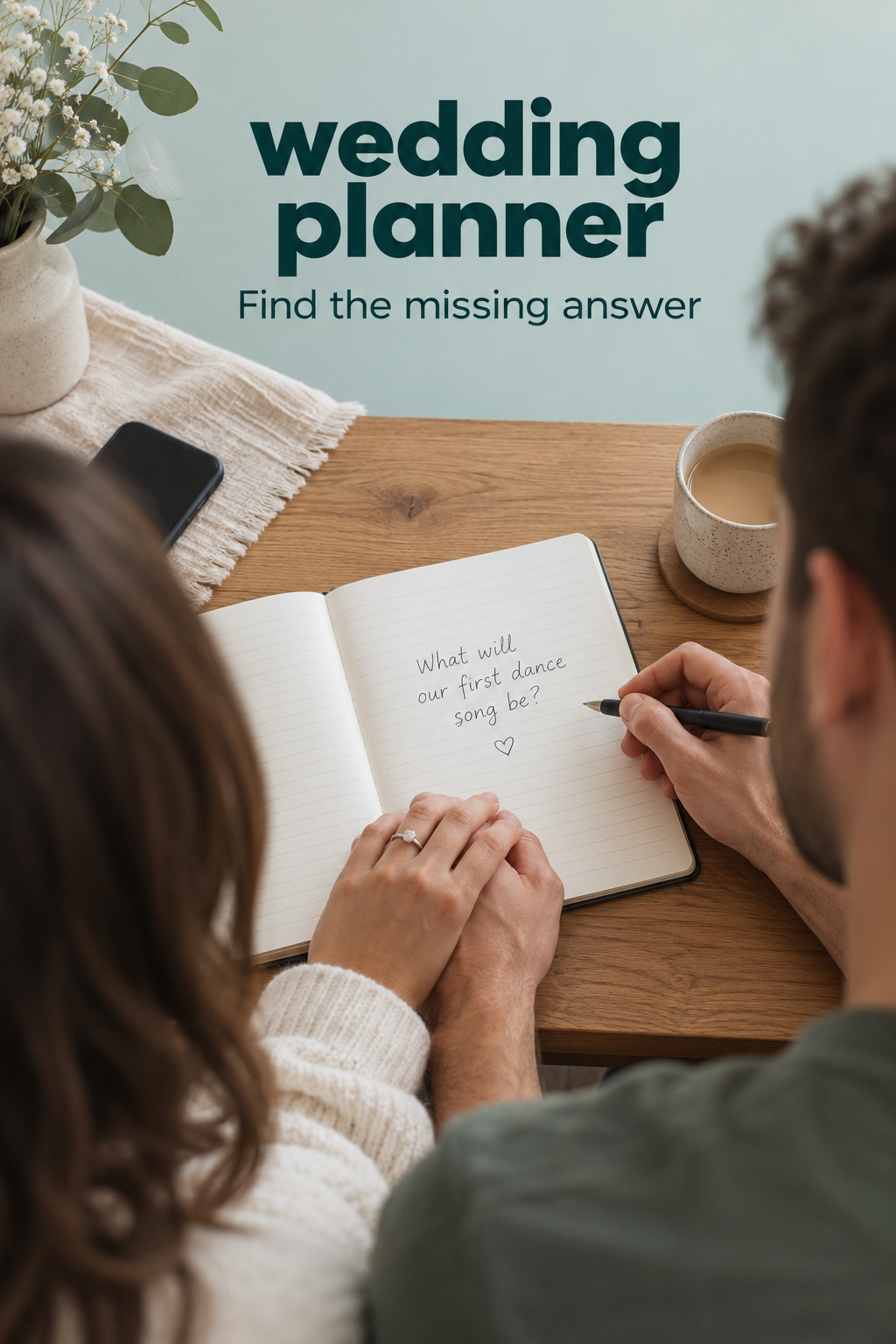 Partners reviewing a notebook question before contacting their wedding planner